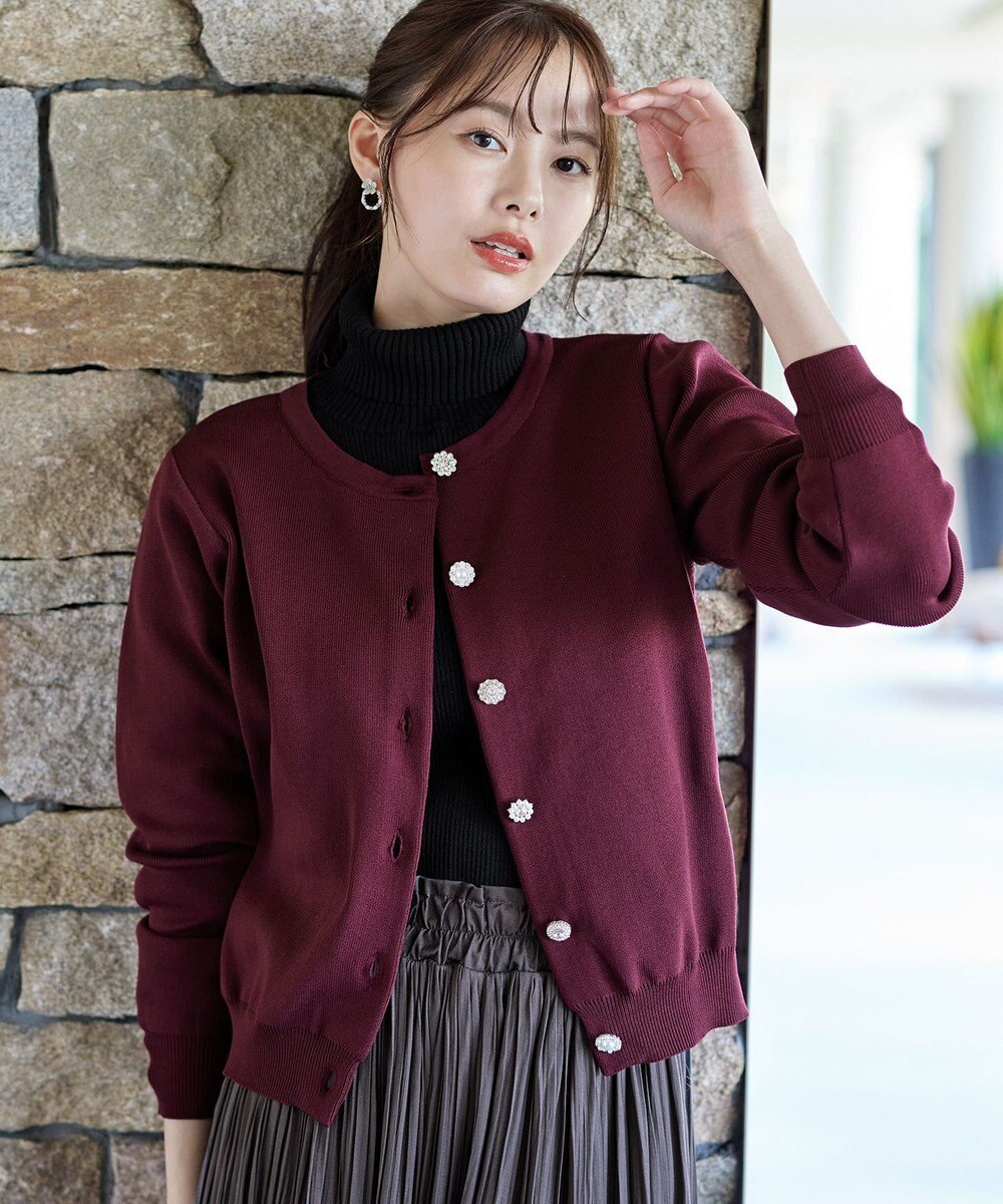 Tiaclasse L 【洗える】中空糸ビジューボタンカーディガン 
