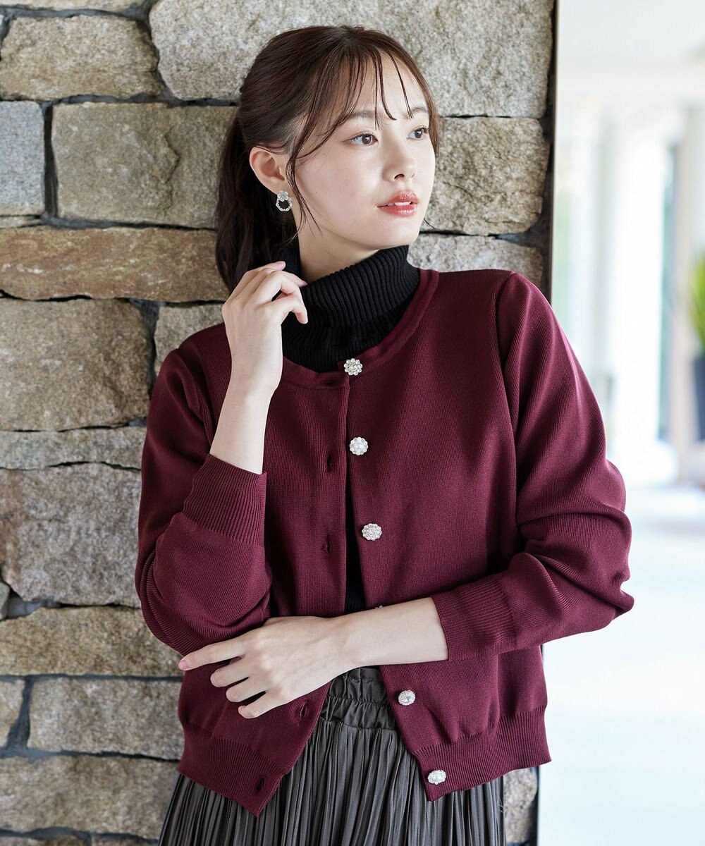 Tiaclasse L 【洗える】中空糸ビジューボタンカーディガン 