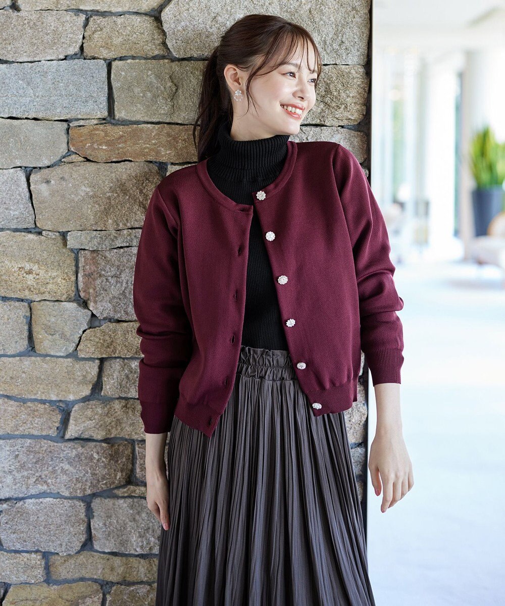 Tiaclasse L 【洗える】中空糸ビジューボタンカーディガン 