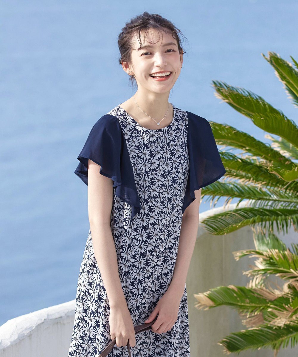 Tiaclasse 【洗える】フレアスリーブ花柄サックワンピース 