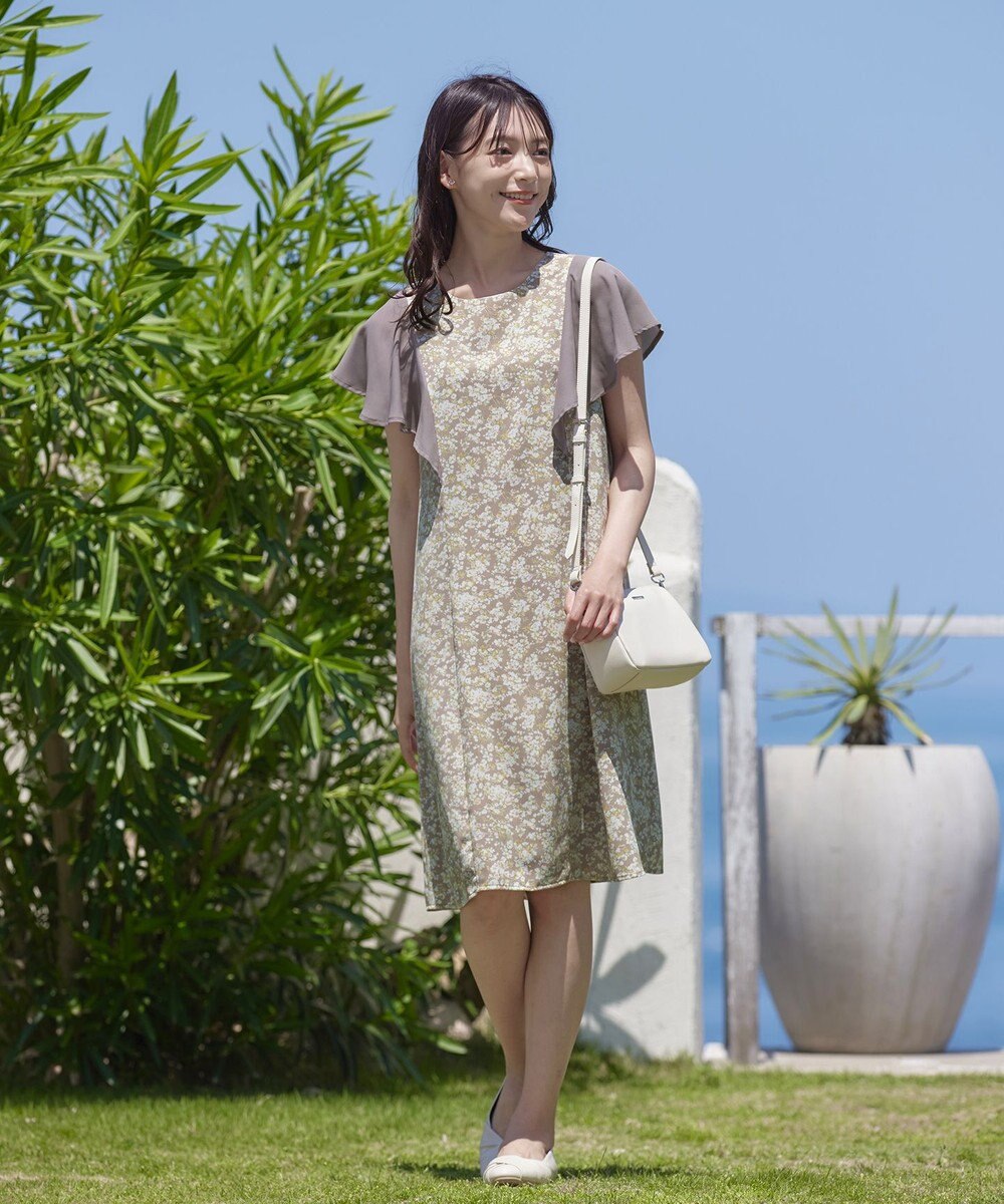 Tiaclasse 【洗える】フレアスリーブ花柄サックワンピース 