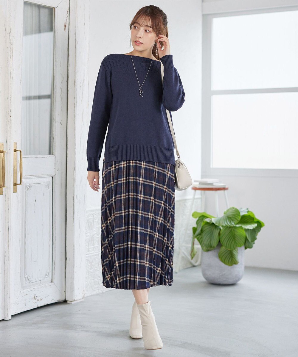 Tiaclasse L 綿混リブ使いボートネックニットプルオーバー 