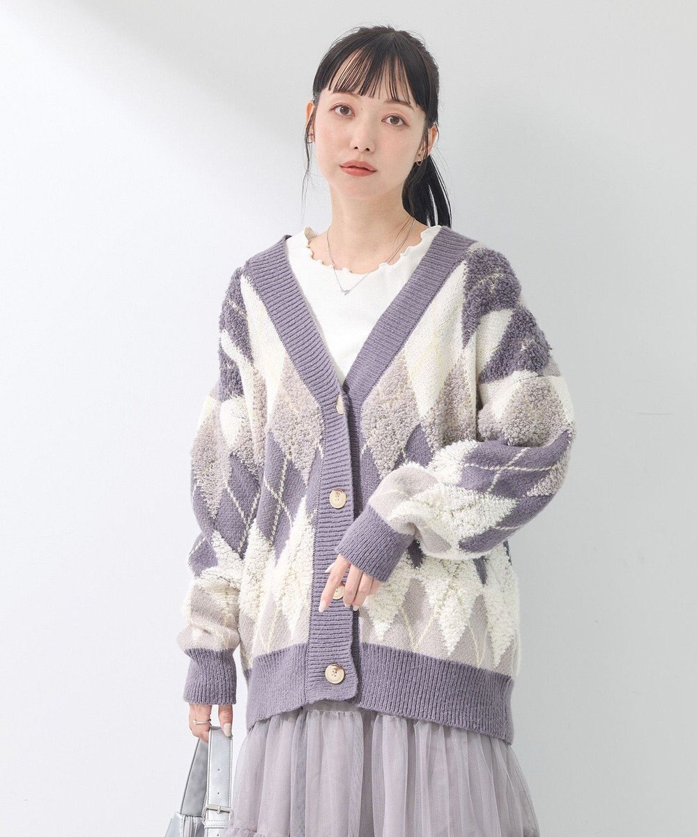 earth music&ecology ループ編みアーガイルカーディガン 