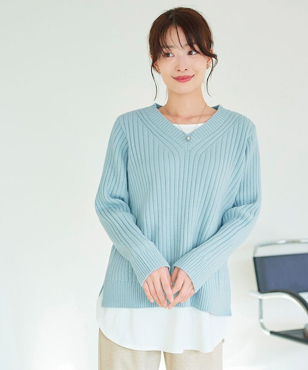 Tiaclasse L 【洗える】Vネックリブ編みニット 