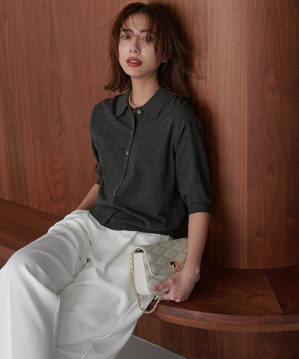 23区 L 【洗える/吊り干しOK】ヴィスコースストレッチ ポロニット カーディガン 