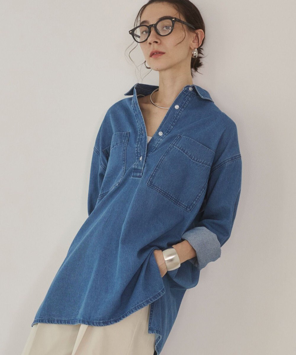 WEGO 【ANGIE VINTAGE】襟が選べる デニム チュニック シャツ （バンドカラー/レギュラーカラー） 