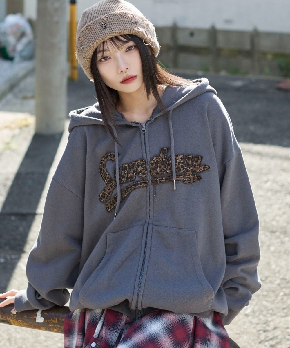 WEGO 【ユニセックス着用ITEM/SMLサイズ展開】レオパードワッペンダブルZIPパーカー 