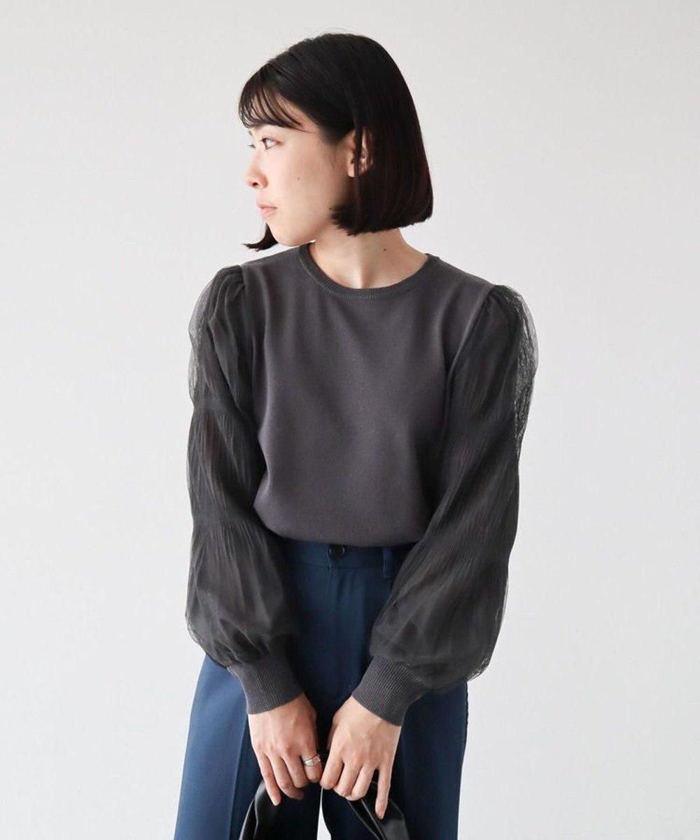 Green Parks 袖チュールマジョリカドッキングニットプルオーバー 