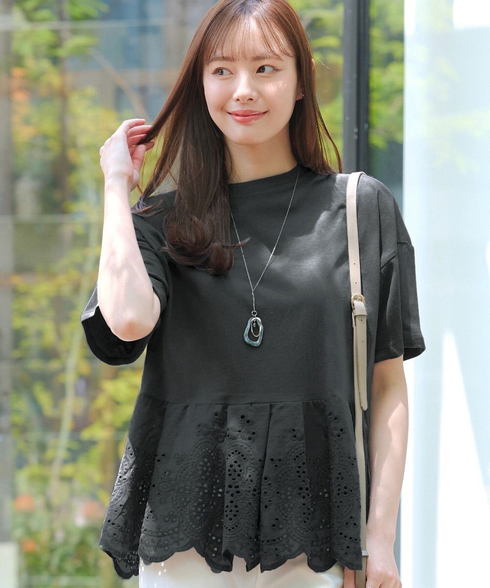 Tiaclasse 【洗える】刺繍レースドッキングカットソートップス 