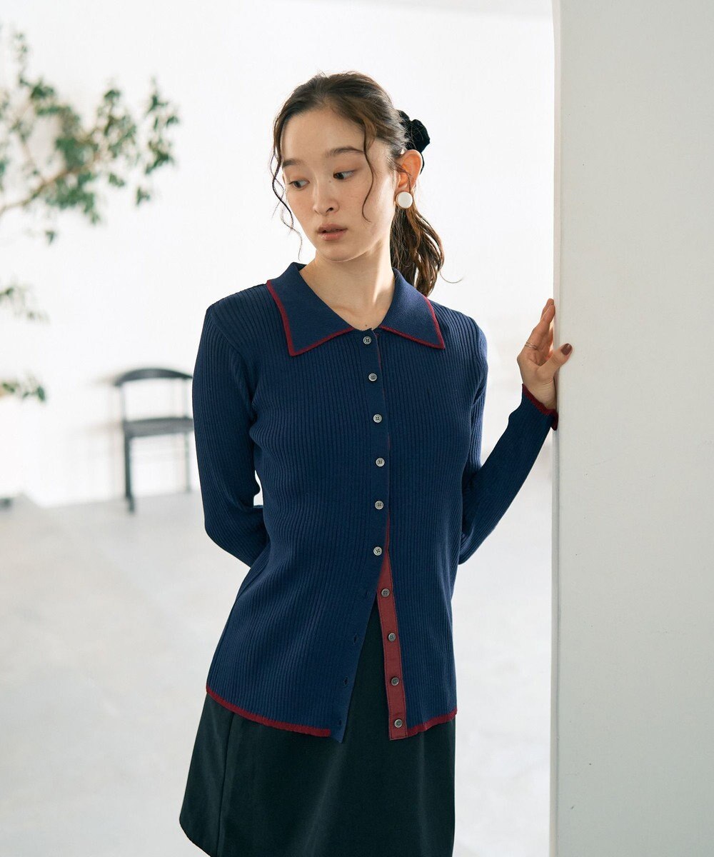 earth music&ecology バイカラートリムロングニットカーディガン 