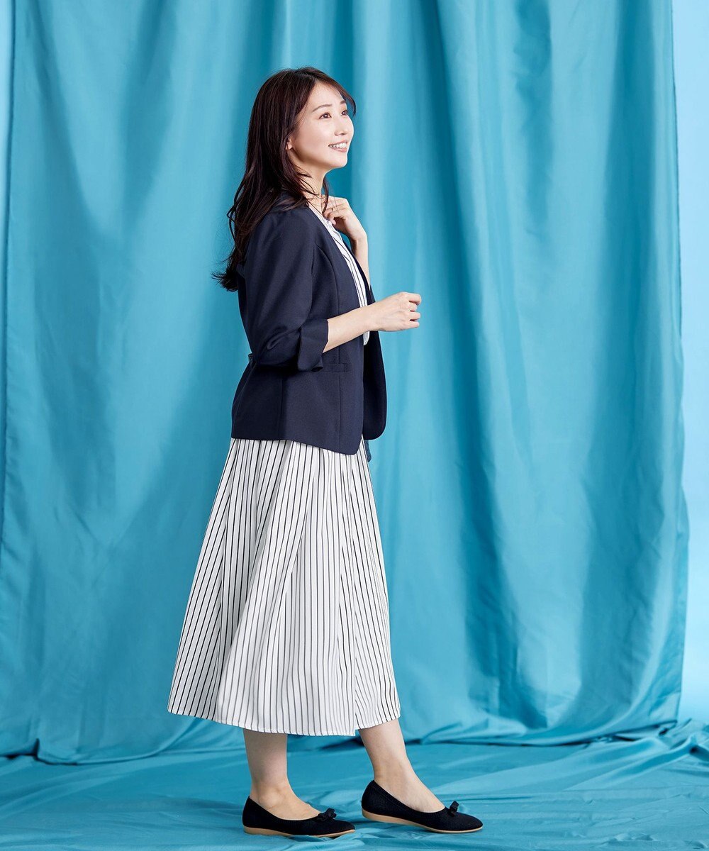 Tiaclasse 【2WAY・洗える】バンドカラーストライプリボンワンピース 