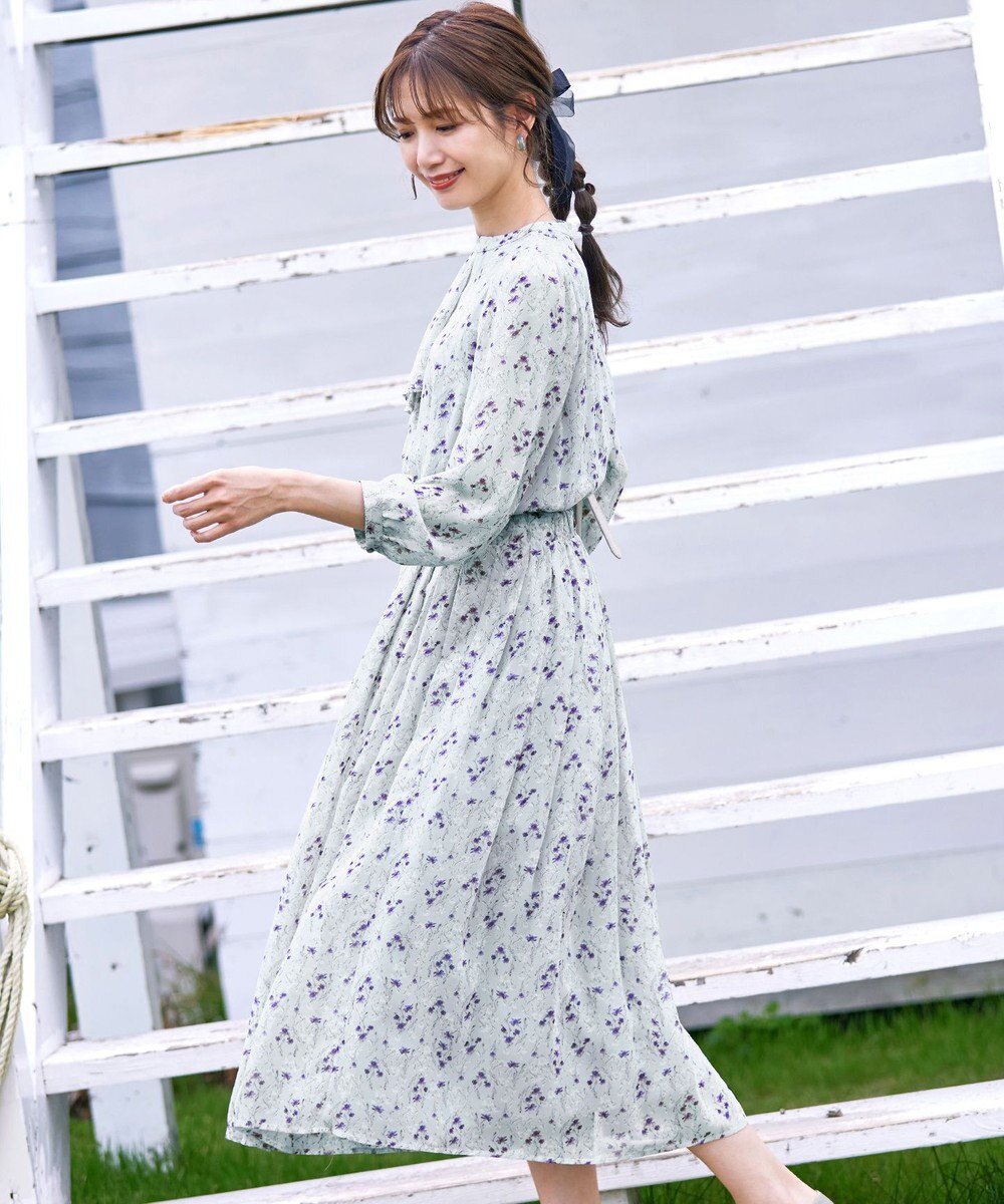 Tiaclasse L 【新色追加・洗える】花柄フリルドレープワンピース 