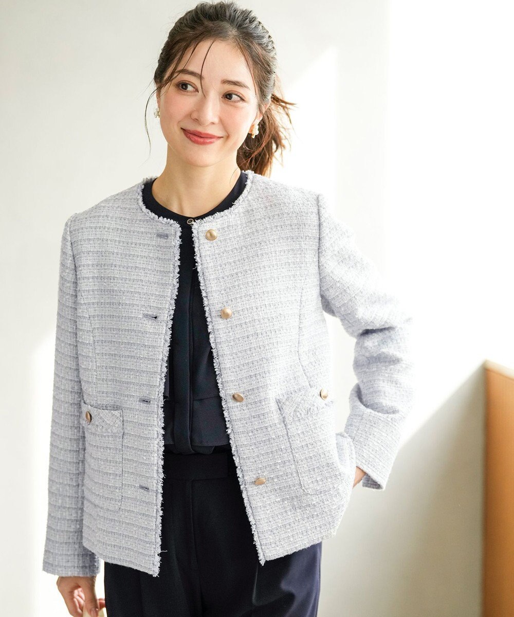 ANY SIS L ノーカラーフリンジツイード ジャケット 