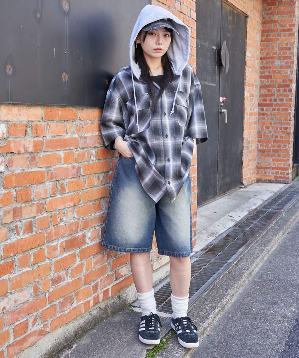 WEGO 【ユニセックス着用ITEM/MLサイズ展開】オンブレチェックフードシャツ（SS） 