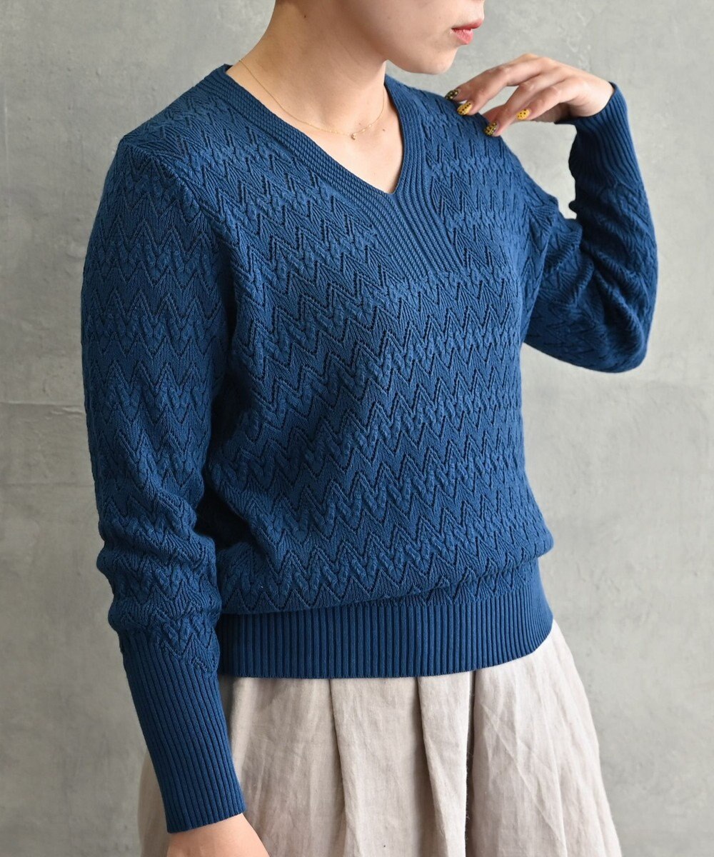 muuc 〈コットン100%強撚糸〉〈通気性が高いドライタッチな素材〉透かし編み 袖口リブ Vネック プルオーバー 