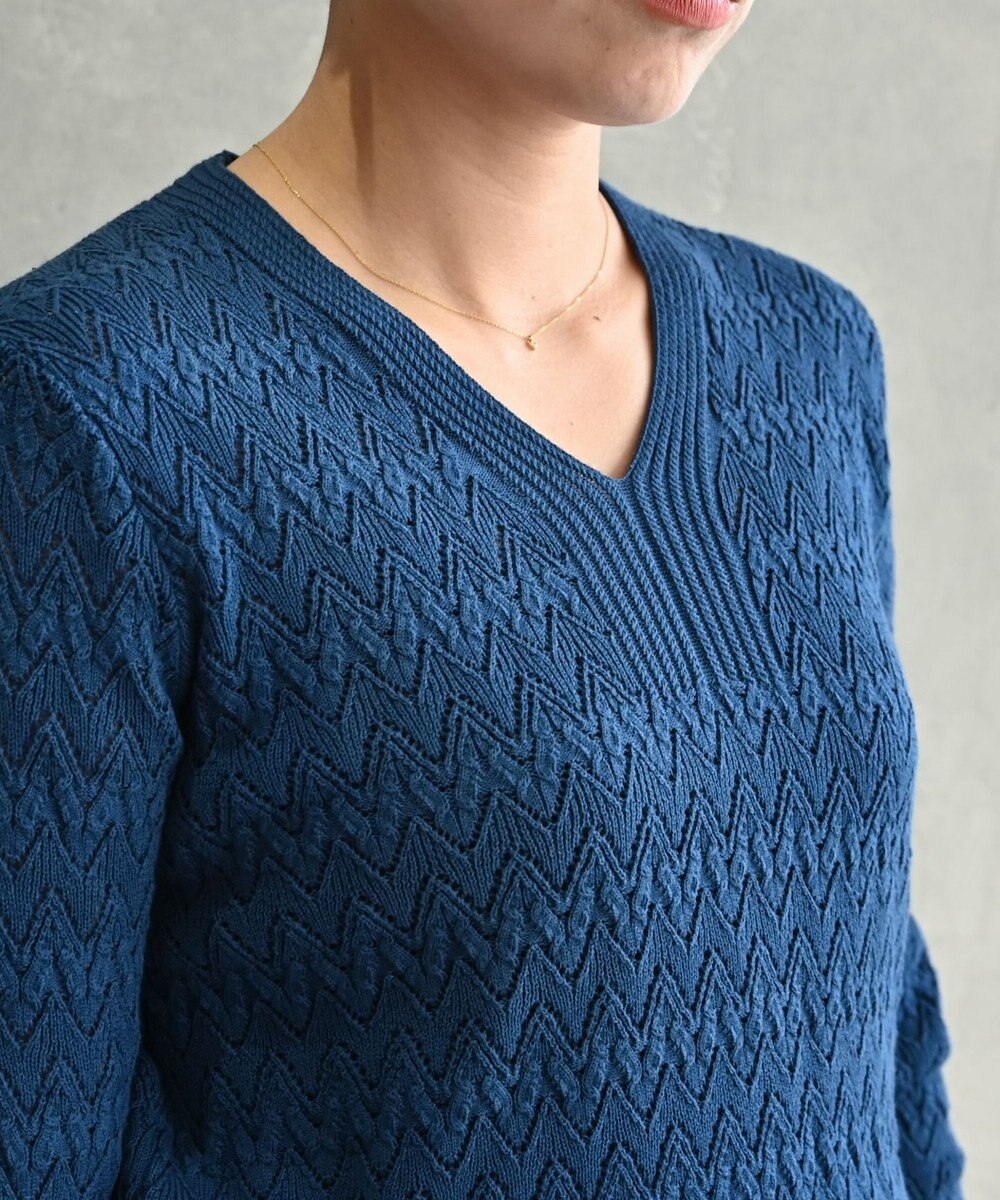 muuc 〈コットン100%強撚糸〉〈通気性が高いドライタッチな素材〉透かし編み 袖口リブ Vネック プルオーバー 