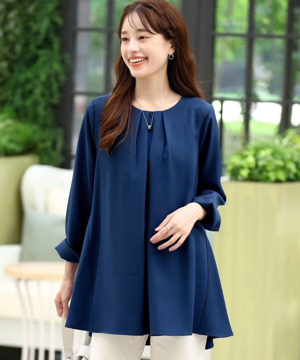 Tiaclasse L 【洗える】フロントタックバックギャザーフレアチュニックブラウス 