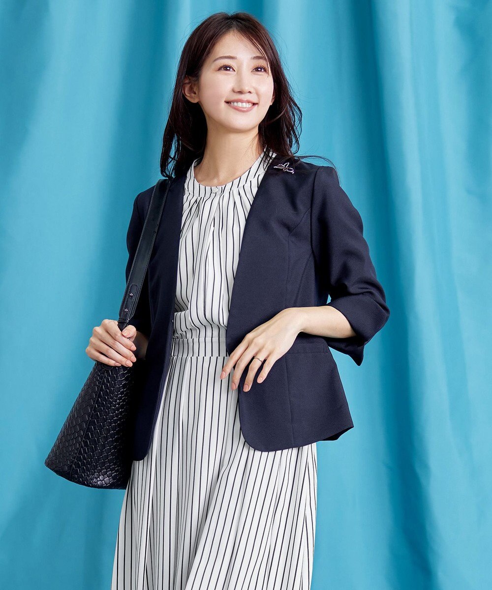 Tiaclasse 【2WAY・洗える】バンドカラーストライプリボンワンピース 