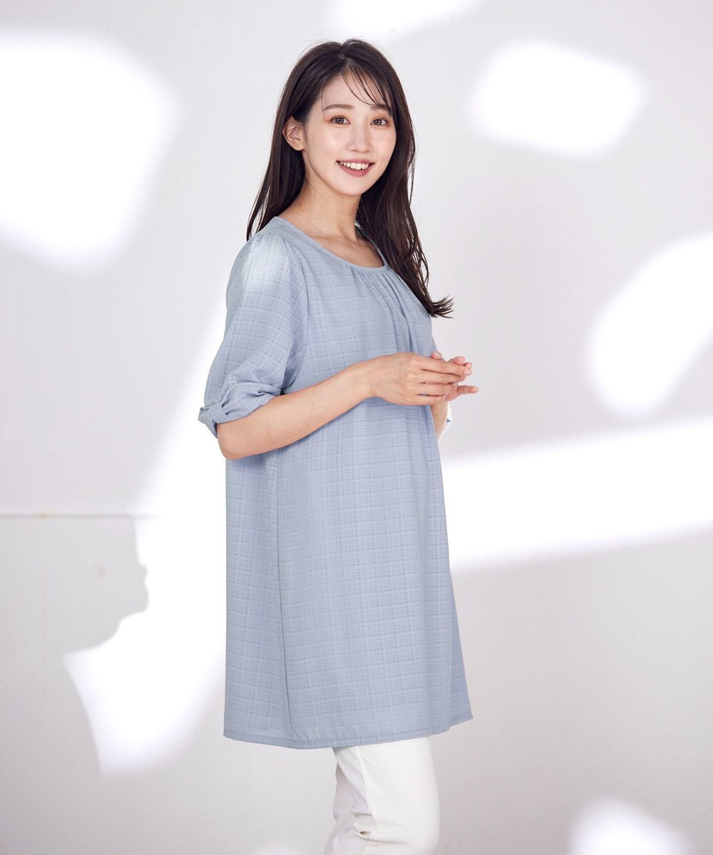 Tiaclasse L 【洗える】シアーチェックリボン袖チュニックブラウス 