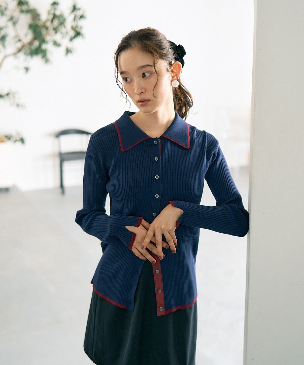 earth music&ecology バイカラートリムロングニットカーディガン 