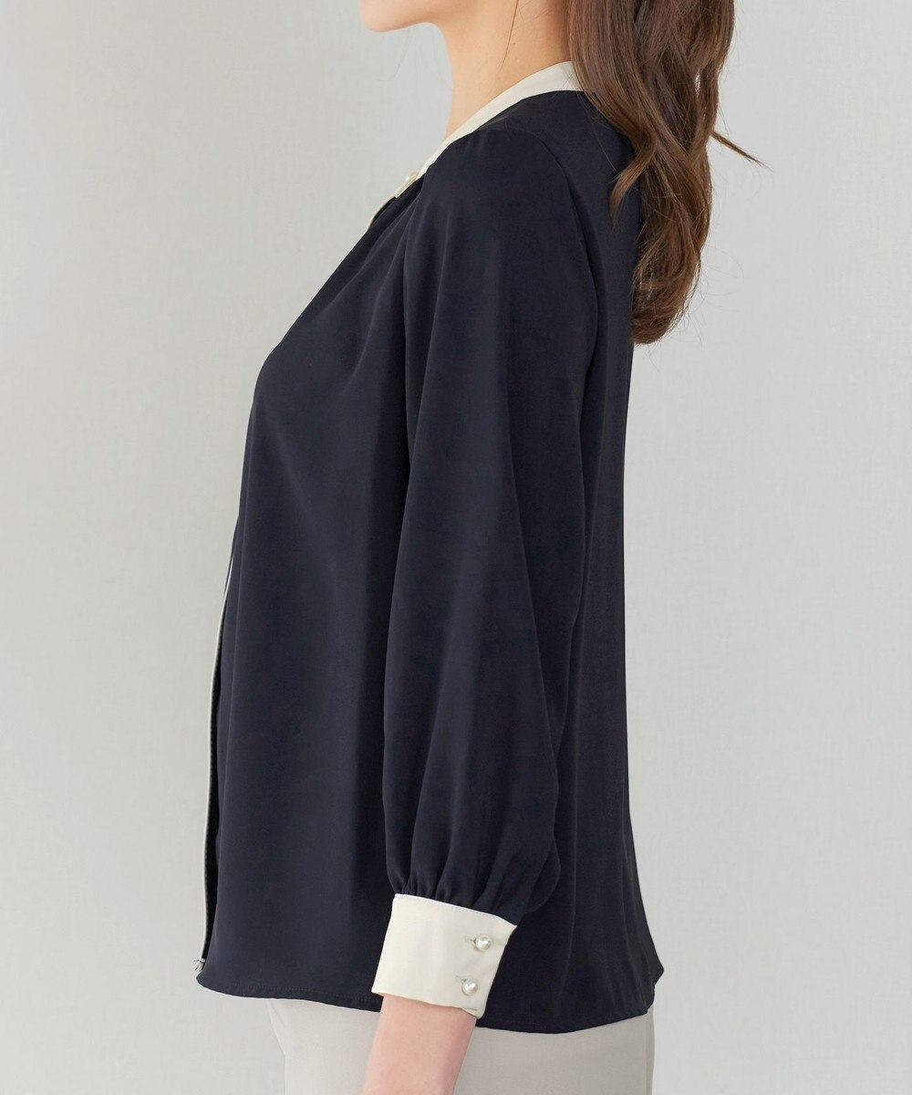 Tiaclasse イージーケア配色スタンドカラーブラウス 