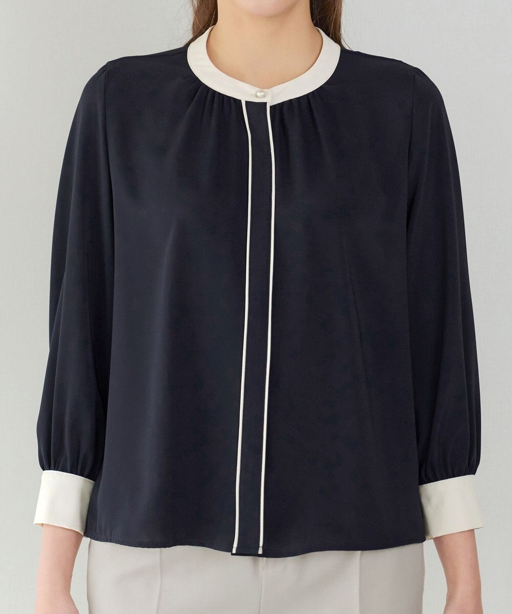 Tiaclasse イージーケア配色スタンドカラーブラウス 