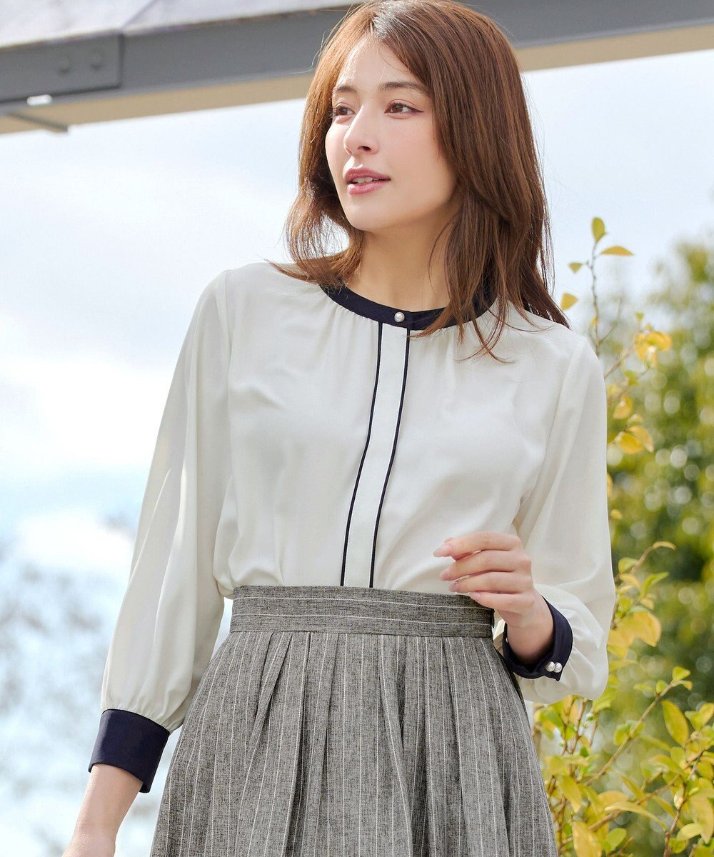 Tiaclasse イージーケア配色スタンドカラーブラウス 