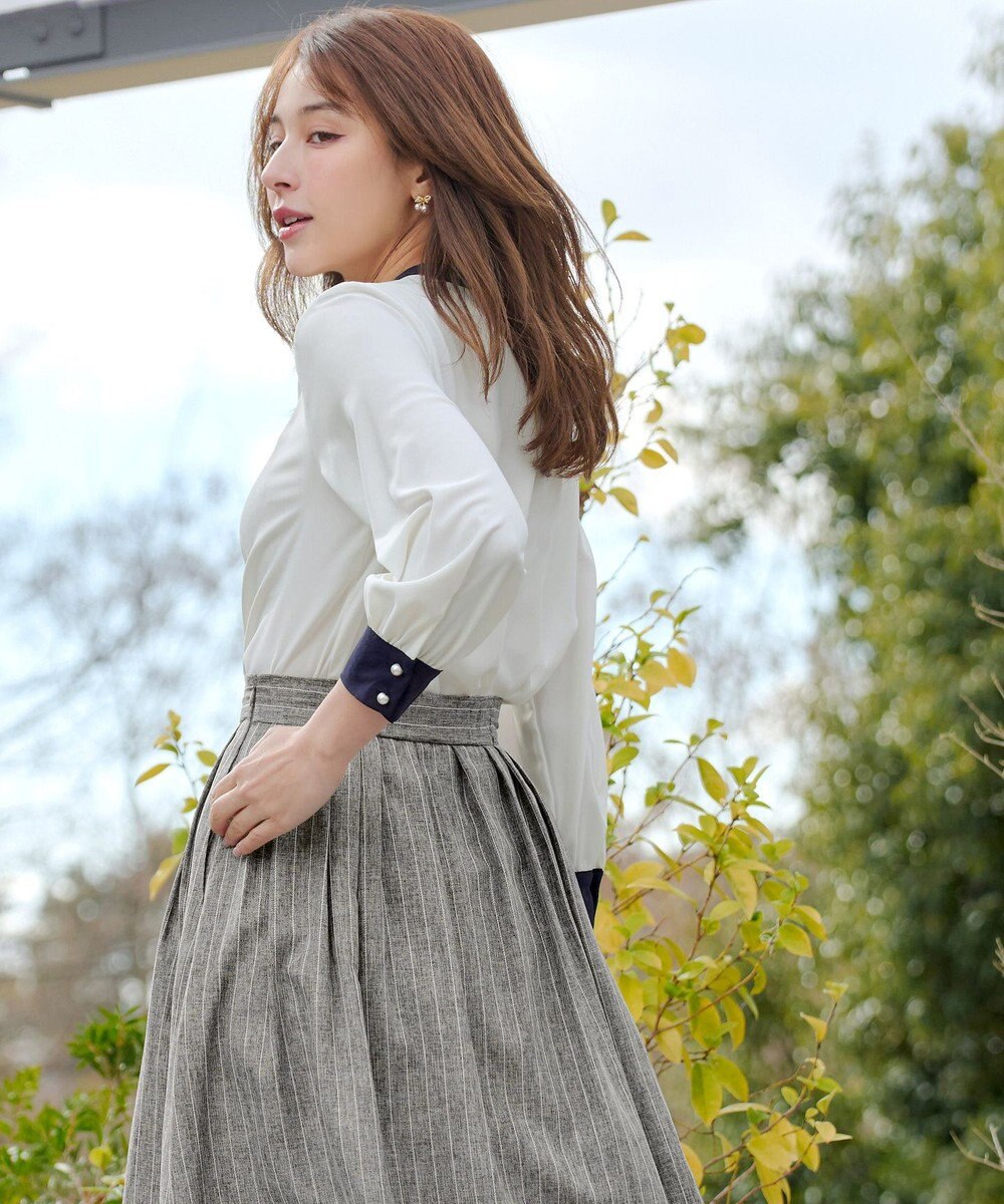 Tiaclasse イージーケア配色スタンドカラーブラウス 