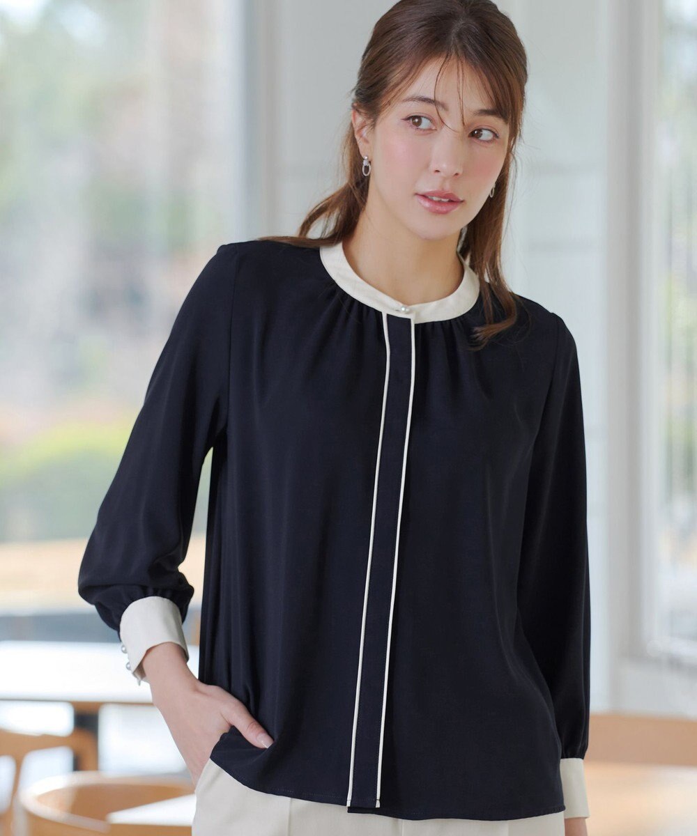 Tiaclasse イージーケア配色スタンドカラーブラウス 