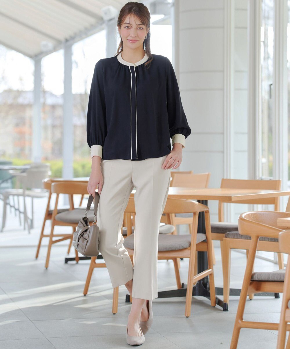 Tiaclasse イージーケア配色スタンドカラーブラウス 