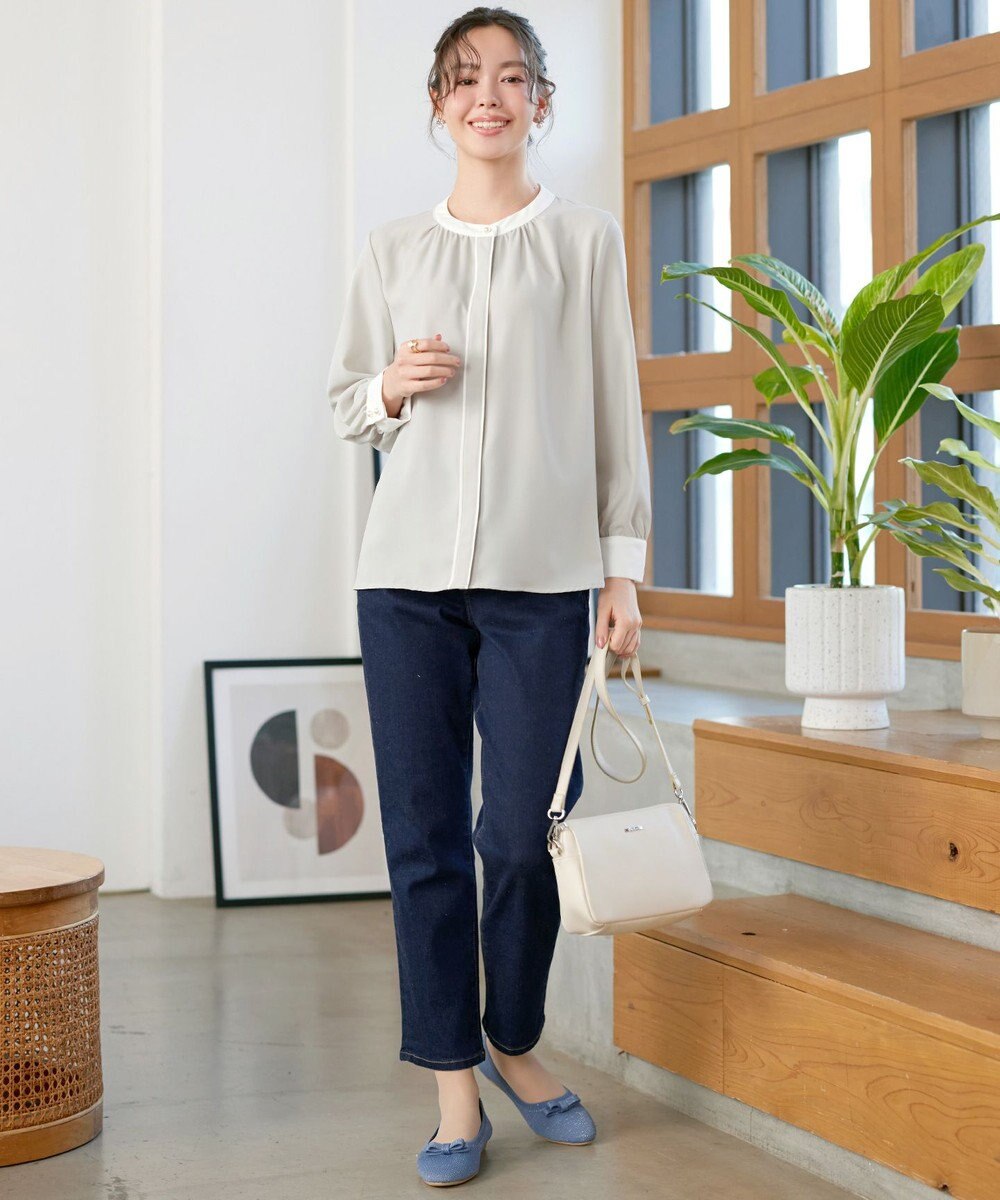 Tiaclasse イージーケア配色スタンドカラーブラウス 