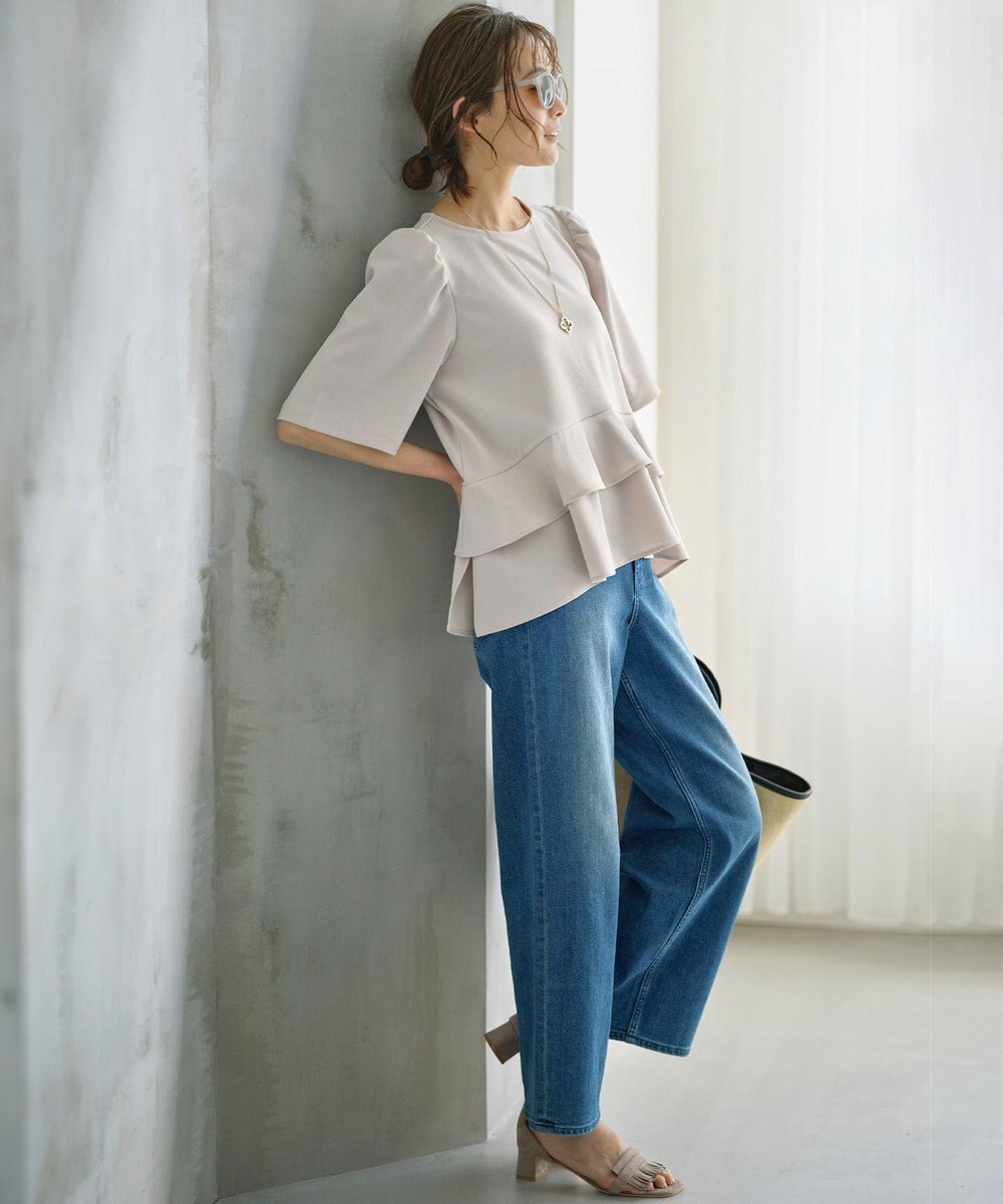 組曲 L 【ストレッチ】ミッドデニム ワイドストレートパンツ 