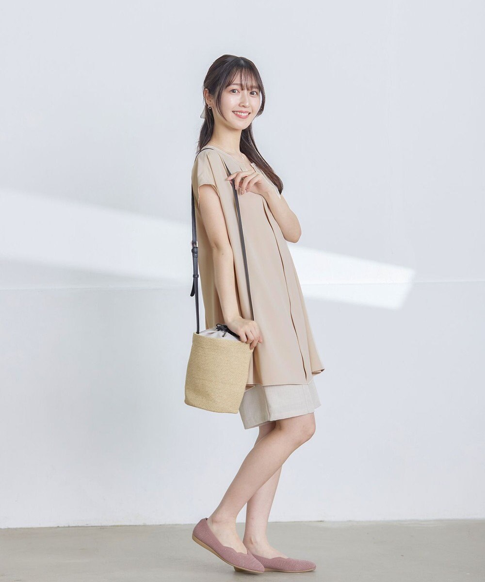 Tiaclasse 【洗える】フレンチスリーブキーネックシャツチュニックブラウス 