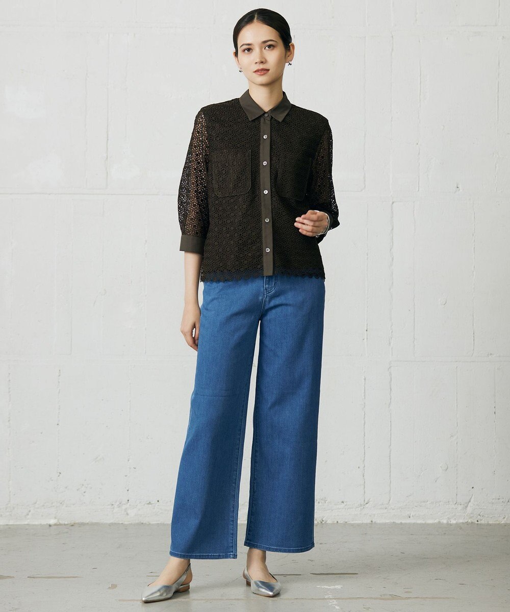 自由区 【ドラマ「明日はもっと いい日になる」着用】【洗える】ジオメトリックフラワーレースクロップド丈シャツ ブラウス 