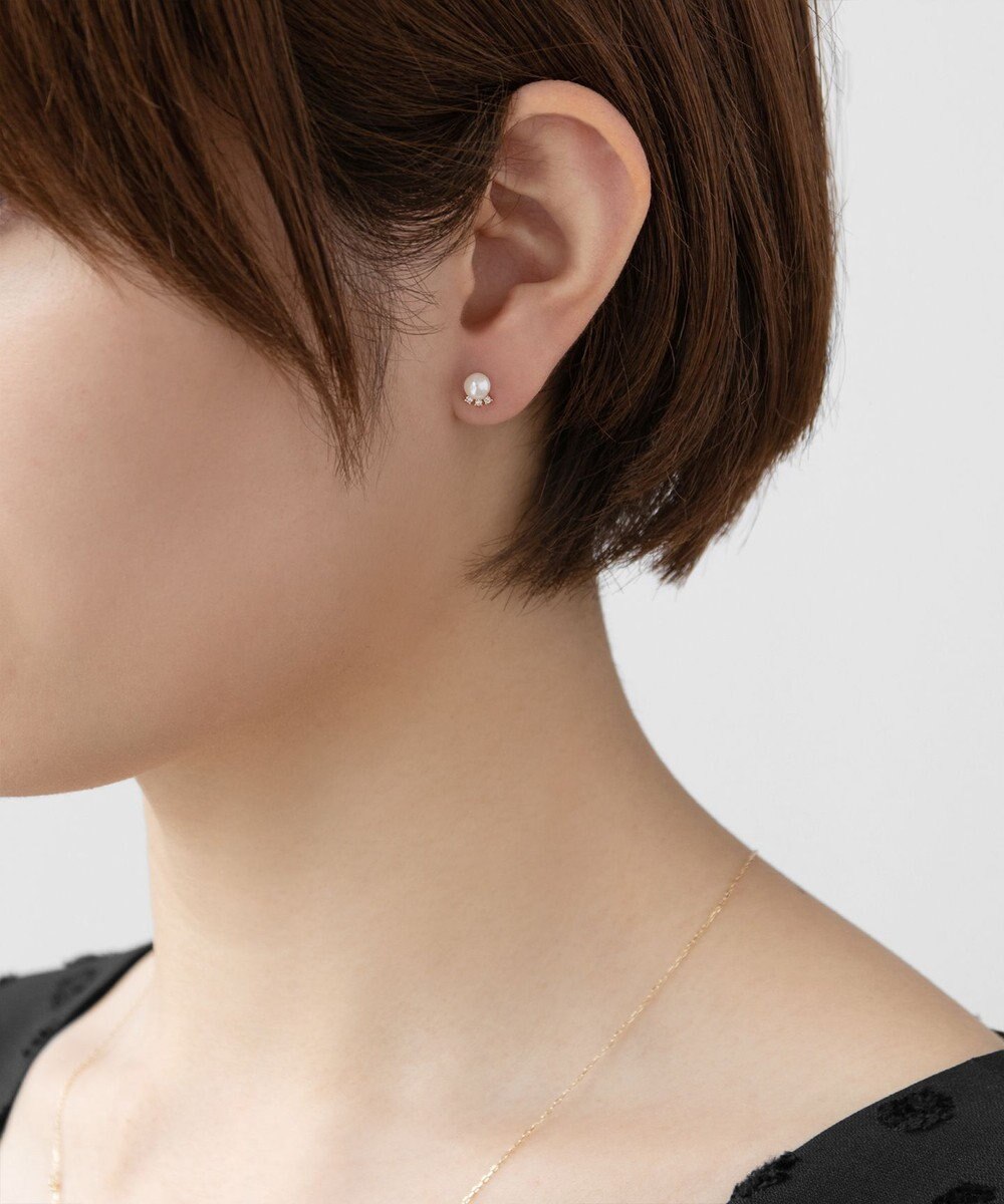 【WEB限定】FRILL DIAMOND PEARL PIERCED EARRINGS K10イエローゴールド 淡水パール ダイヤモンドピアス,  イエローゴールド系, F