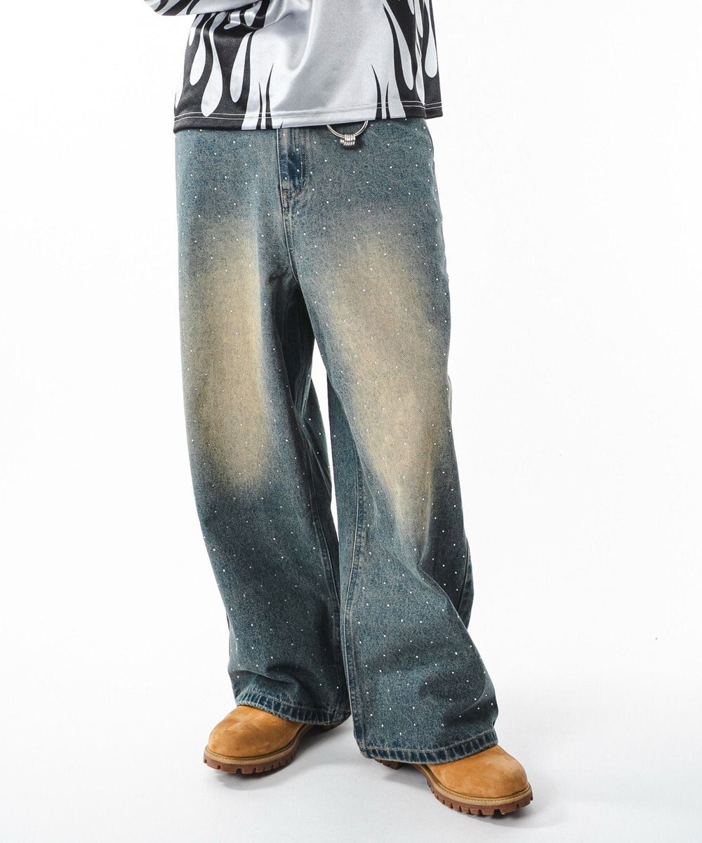 WEGO 【ユニセックス着用ITEM】スーパーバギーラインストーンデニムパンツ 