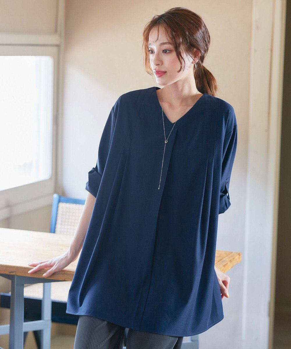 Tiaclasse L 【洗える】ストレッチタフタタックチュニックブラウス 