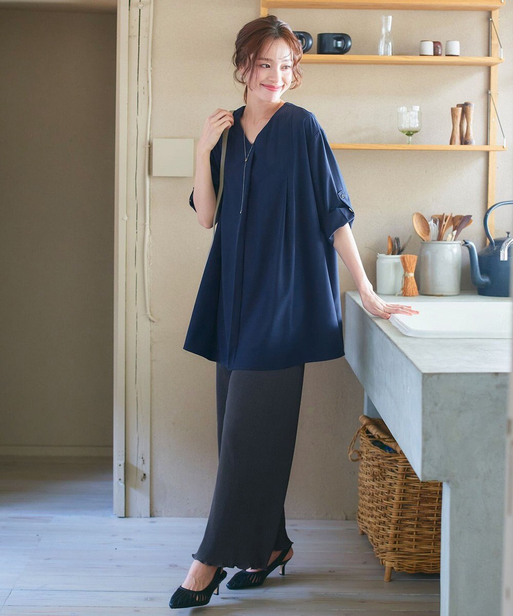 Tiaclasse L 【洗える】ストレッチタフタタックチュニックブラウス 