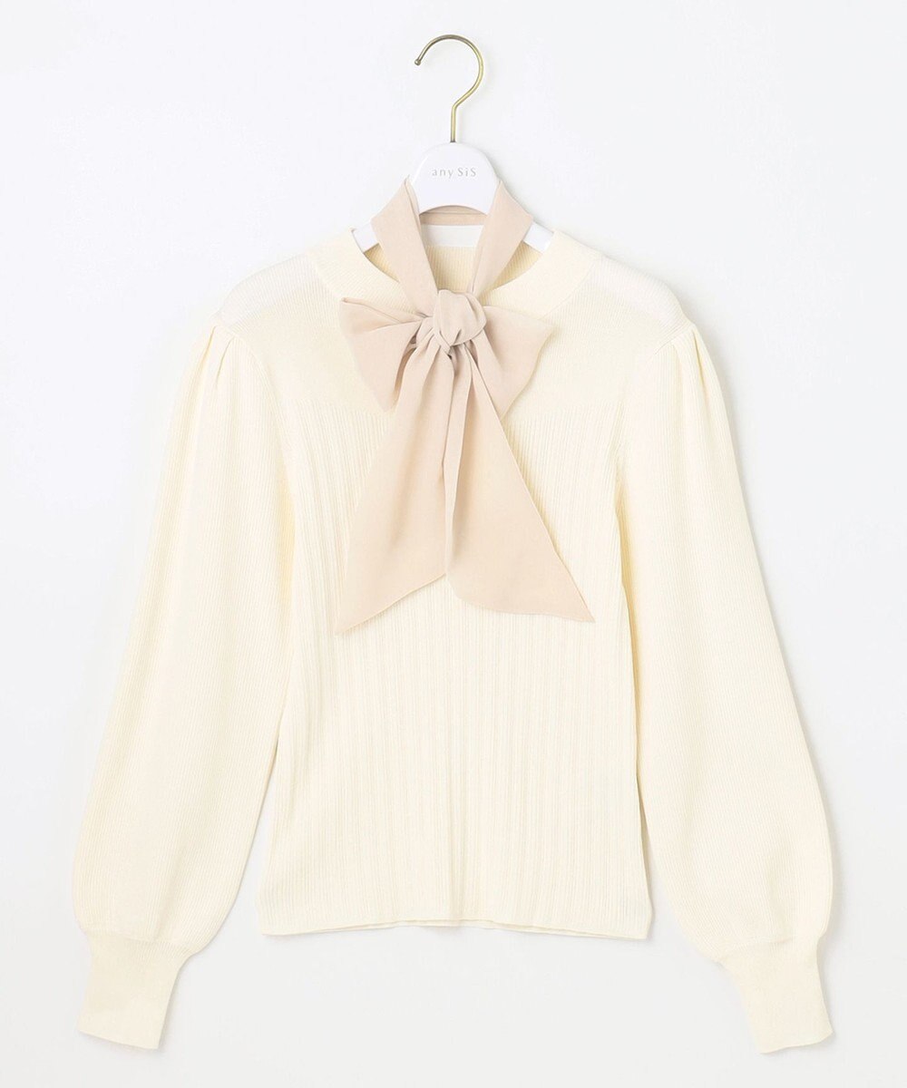 ANY SIS 【2WAY】リボン付き パフスリーブリブ ニット 
