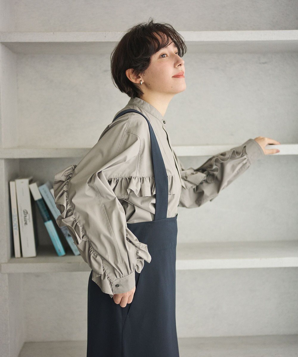 #Newans 【シワになりにくい/洗濯機可能】ラウンドフリルバンドカラーシャツ 