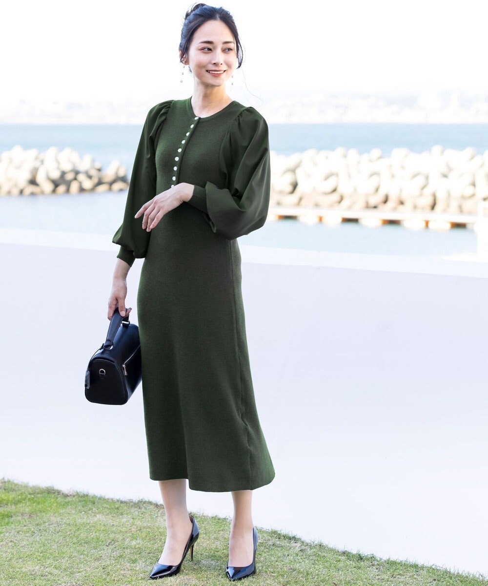 Tiaclasse 【洗える】パフ袖が大人可愛い袖コンビニットワンピース 