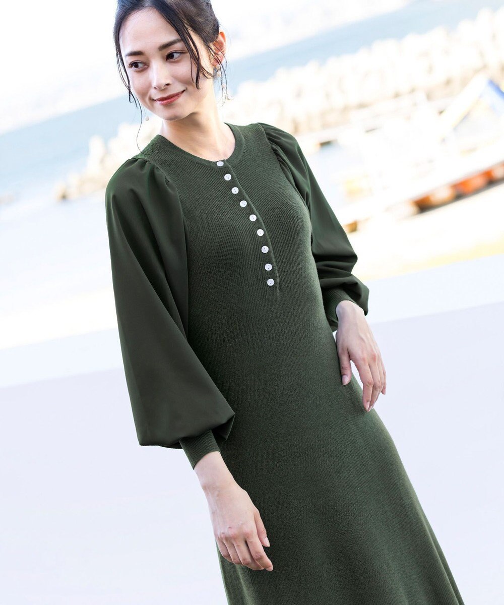 Tiaclasse 【洗える】パフ袖が大人可愛い袖コンビニットワンピース 