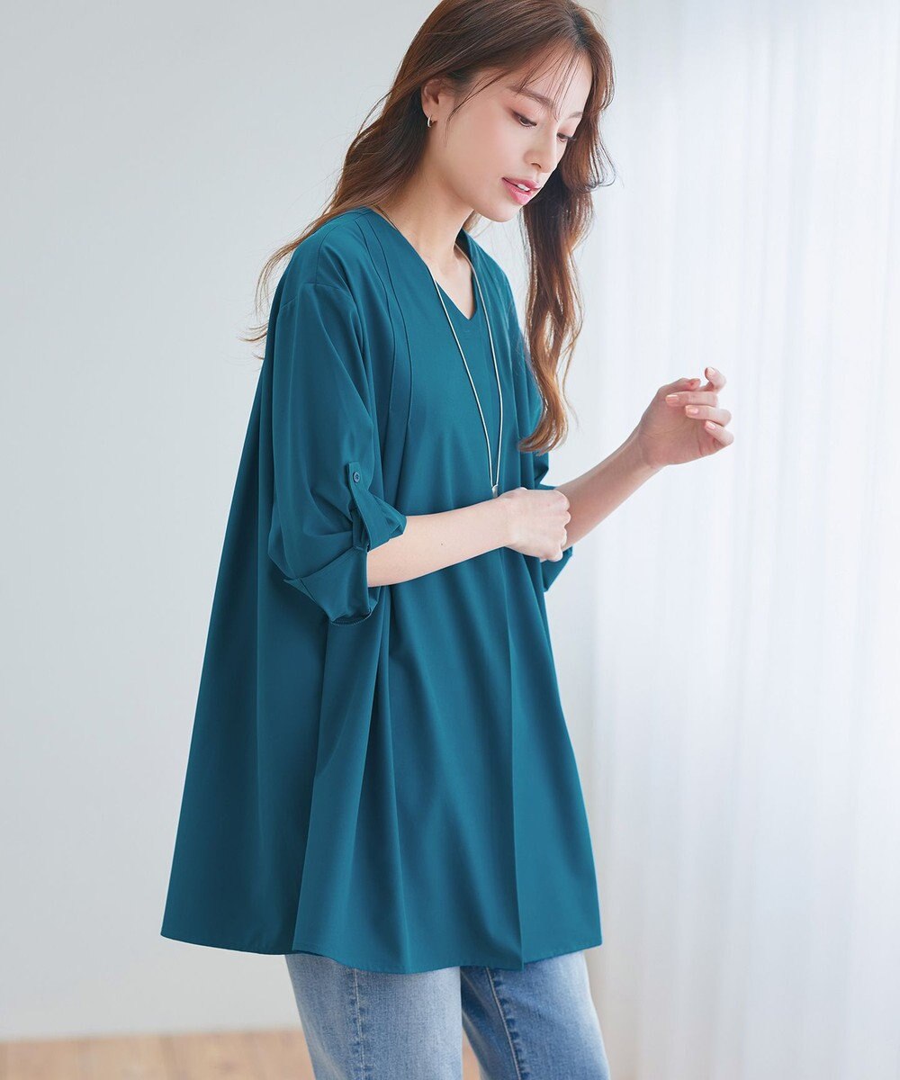 Tiaclasse L 【洗える】ストレッチタフタタックチュニックブラウス 