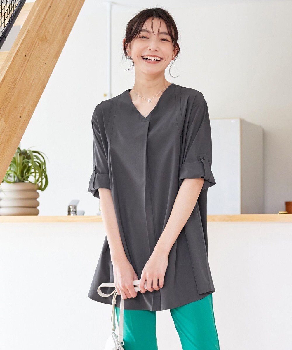 Tiaclasse L 【洗える】ストレッチタフタタックチュニックブラウス 