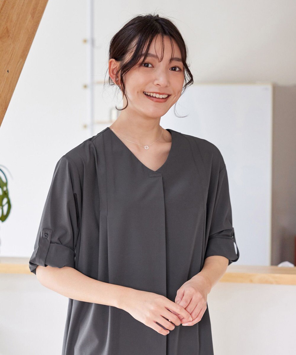 Tiaclasse L 【洗える】ストレッチタフタタックチュニックブラウス 