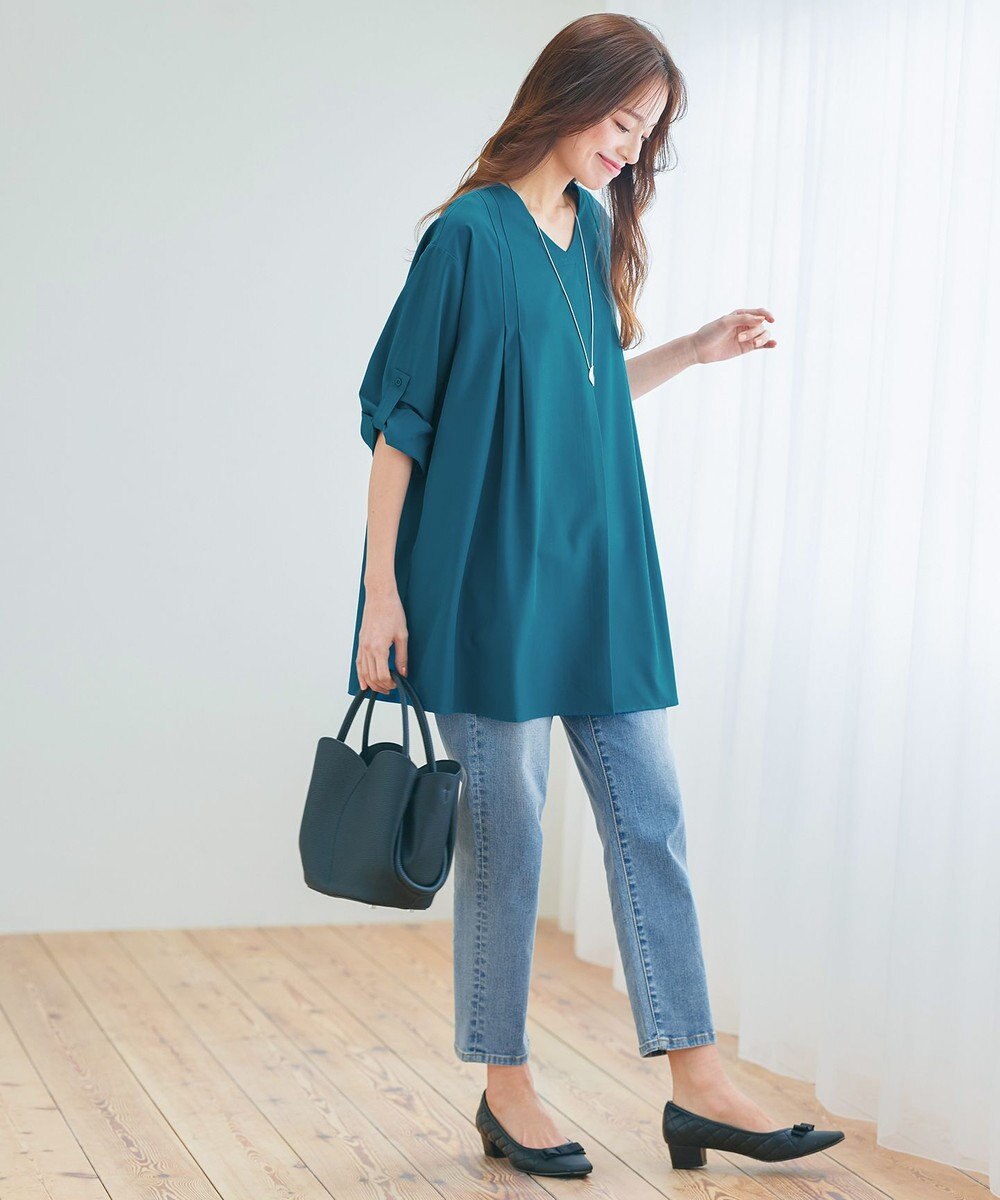 Tiaclasse L 【洗える】ストレッチタフタタックチュニックブラウス 