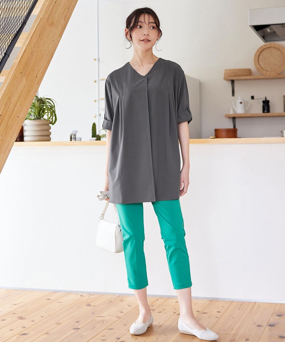 Tiaclasse L 【洗える】ストレッチタフタタックチュニックブラウス 