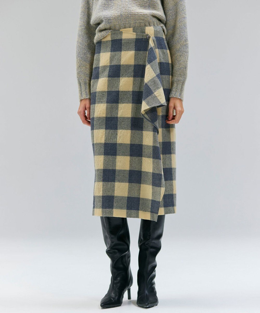 BEIGE， HOBBS / フェイクレザーポケットウールチェックラップスカート 