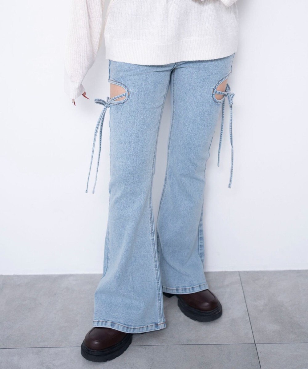 WEGO 【SMサイズ展開/伸びる】カットアウトリボンストレッチフレアデニムパンツ 
