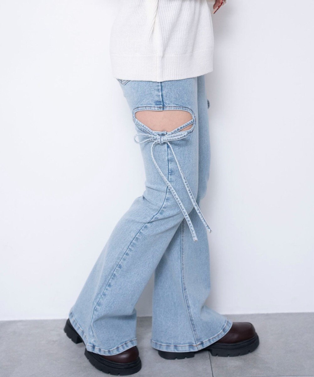 WEGO 【SMサイズ展開/伸びる】カットアウトリボンストレッチフレアデニムパンツ 